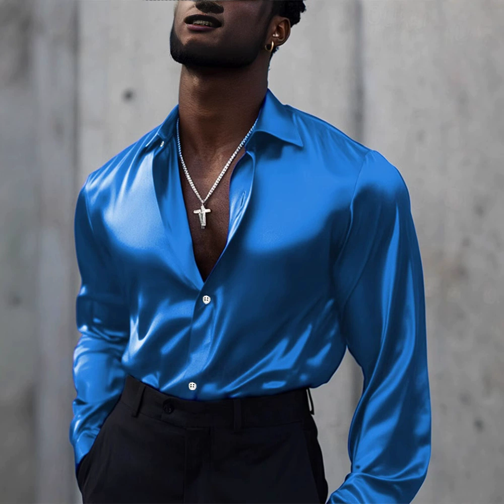 Amazon весна и осень новый европейский и американский мужской сплошной цвет рубашки с длинными рукавами для дома повседневная шелковистая модная рубашка трансграничный мужчина