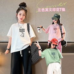 Women's Short Sleeve Pure Cotton T-Shirt Top Loose Print Letter Summer New Style Fashion Middle and Big Children's T-Shirt