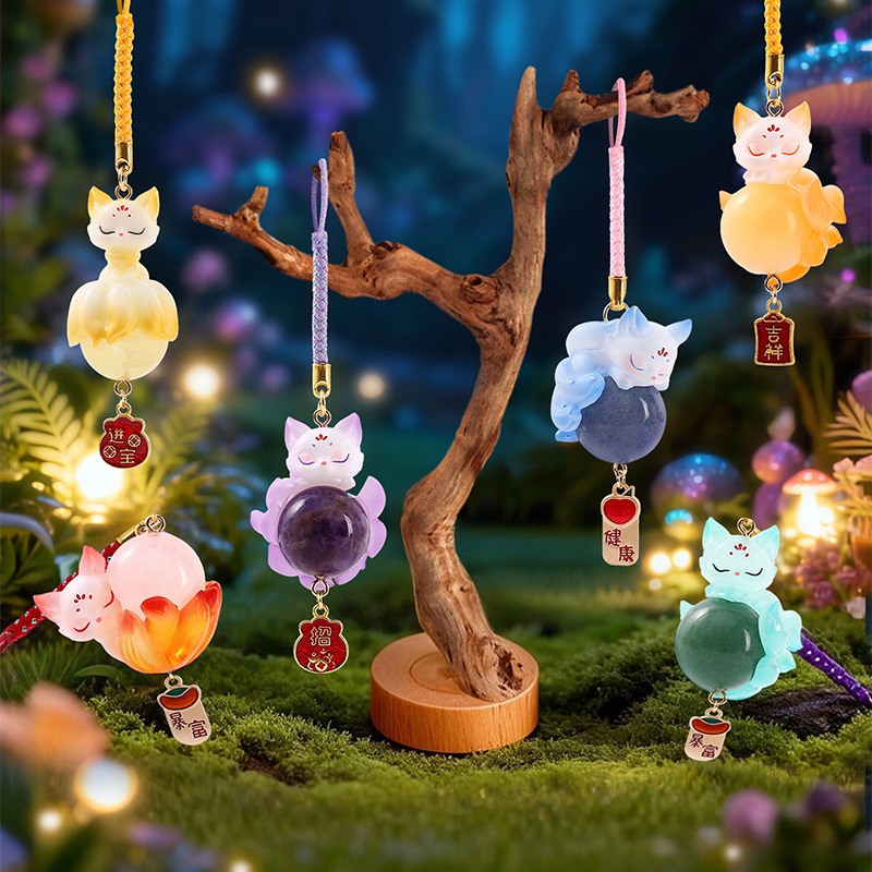 New Chinese Style Tushan Nine-Tailed Fox Crystal Stone Pendant Blind Box Ancient Style Mobile Phone Chain Creative Keychain Bag Pendant