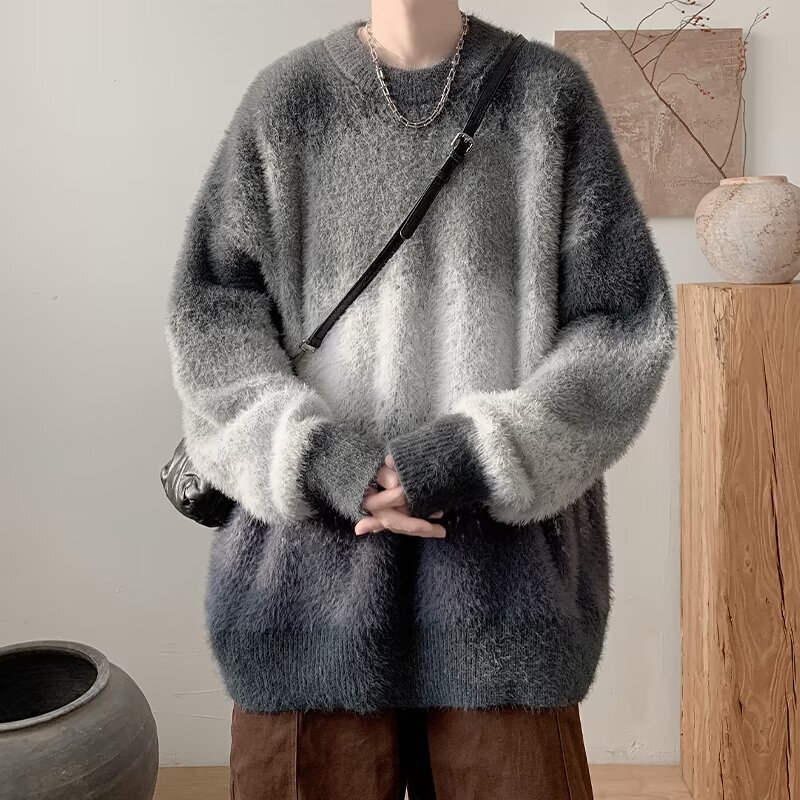 Contrast Color Round Neck Soft Waxy Sweater Men's Autumn and Winter Lazy Style Loose Knitted Inner Base Shirt for Boys