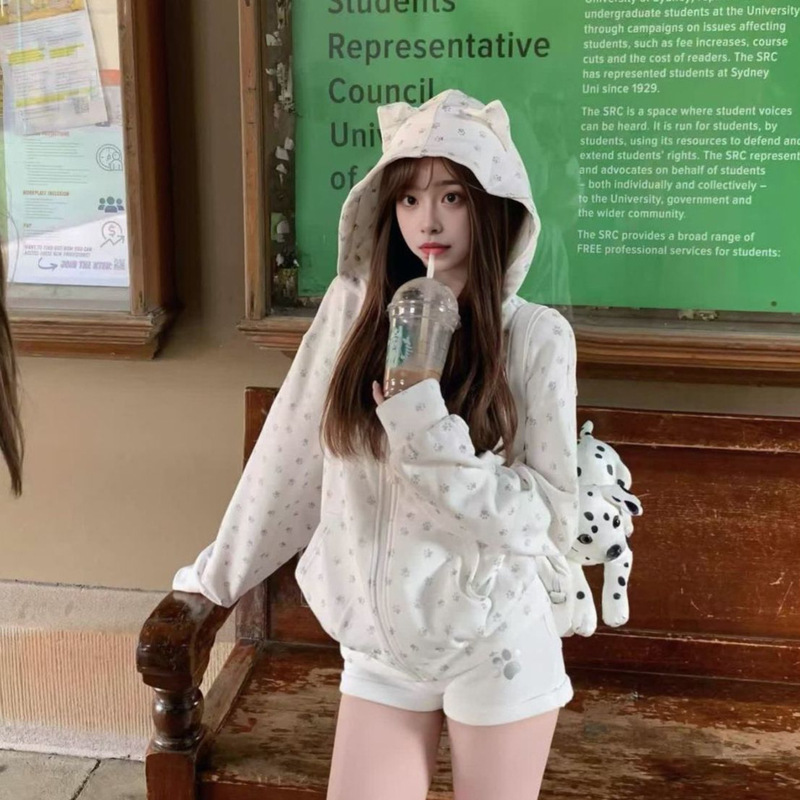 Cute Kitten Ears Hooded Cardigan Sweatshirt for Women Spring & Fall New Printed Korean Sweet and Spicy Lazy Style Loose Jacket