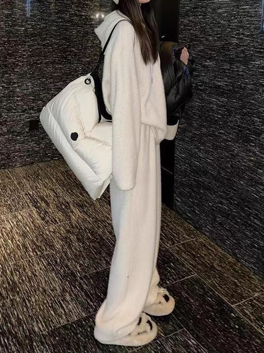 2025 Spring and Autumn Lazy Style Solid Color Loose Slim Soft Waxy Stuffed Hooded Top High Waist Casual Pants Two-Piece Set for Women