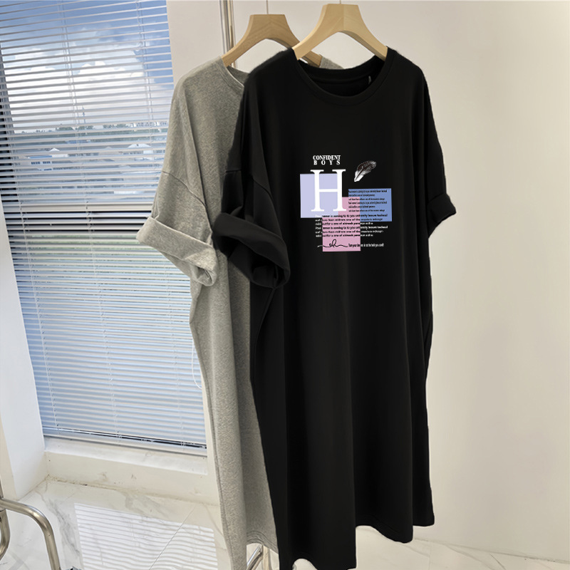 Amazon Over-The-Knee Long T-Shirt Dress Women's Nightgown Plus Size Fat mm Loose Cartoon Slimming Look Age-Reducing Printed Dress