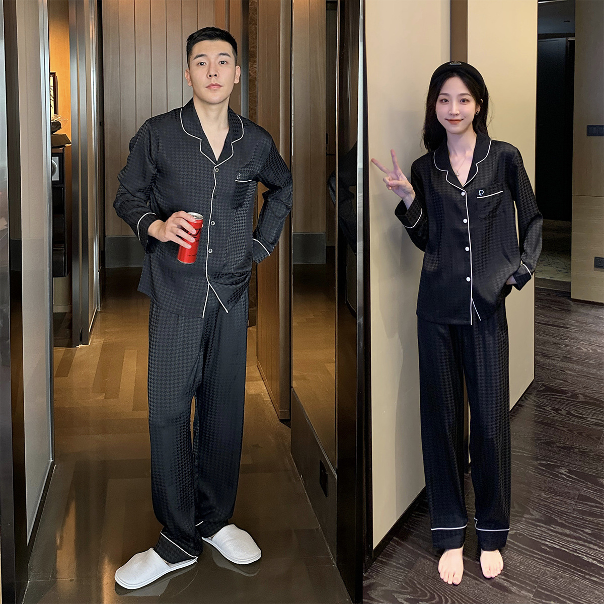 Houndstooth 새로운 얼음 실크 잠옷 여자의 봄과 가을 긴 소매 바지 커플의 세트 실크 가정 옷 부티크