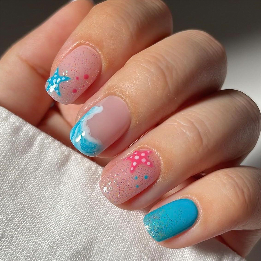 Short bright face square armor Europe and the United States cross-border foreign trade sea wave starfish powder blue detachable wearable nail art 24 p_voghion.com