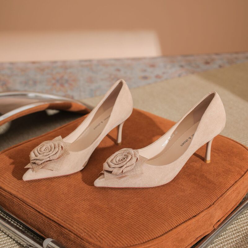 7888C-110 Flower Stiletto Heel Pointed High Heels Suede Comfortable Joker Commuting Professional Single Shoes Female Temperament
