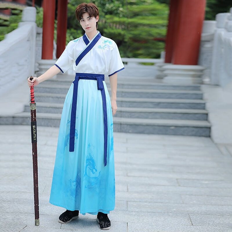 Summer Thin Short-Sleeved Hanfu for Men, Chinese Style Cross-Collar Waist-Length Skirt, Blue Gradient, Elegant and Stylish Tang Dynasty Outfit Summer Thin Short-Sleeved Hanfu for Men, Chinese Style Cross-Collar Waist-Length Skirt, Blue Gradient, Elegant and Stylish Tang Dynasty Outfit