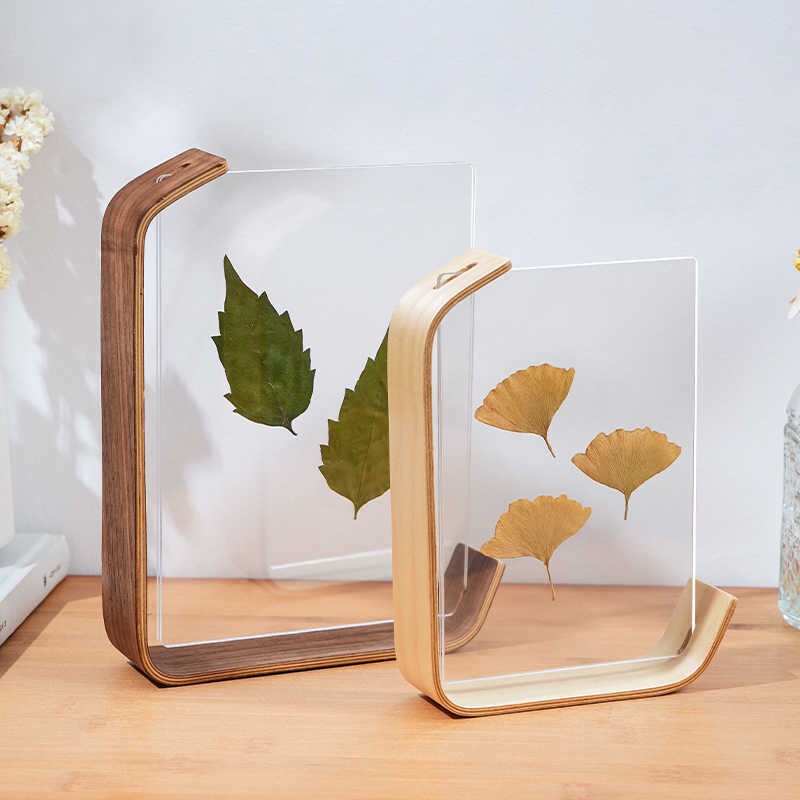 L-Shaped Leaf Carving Double-Sided Acrylic Photo Frame Creative Photo Frame Display Stand Solid Wood Desktop Ornament Plant Specimen Wholesale
