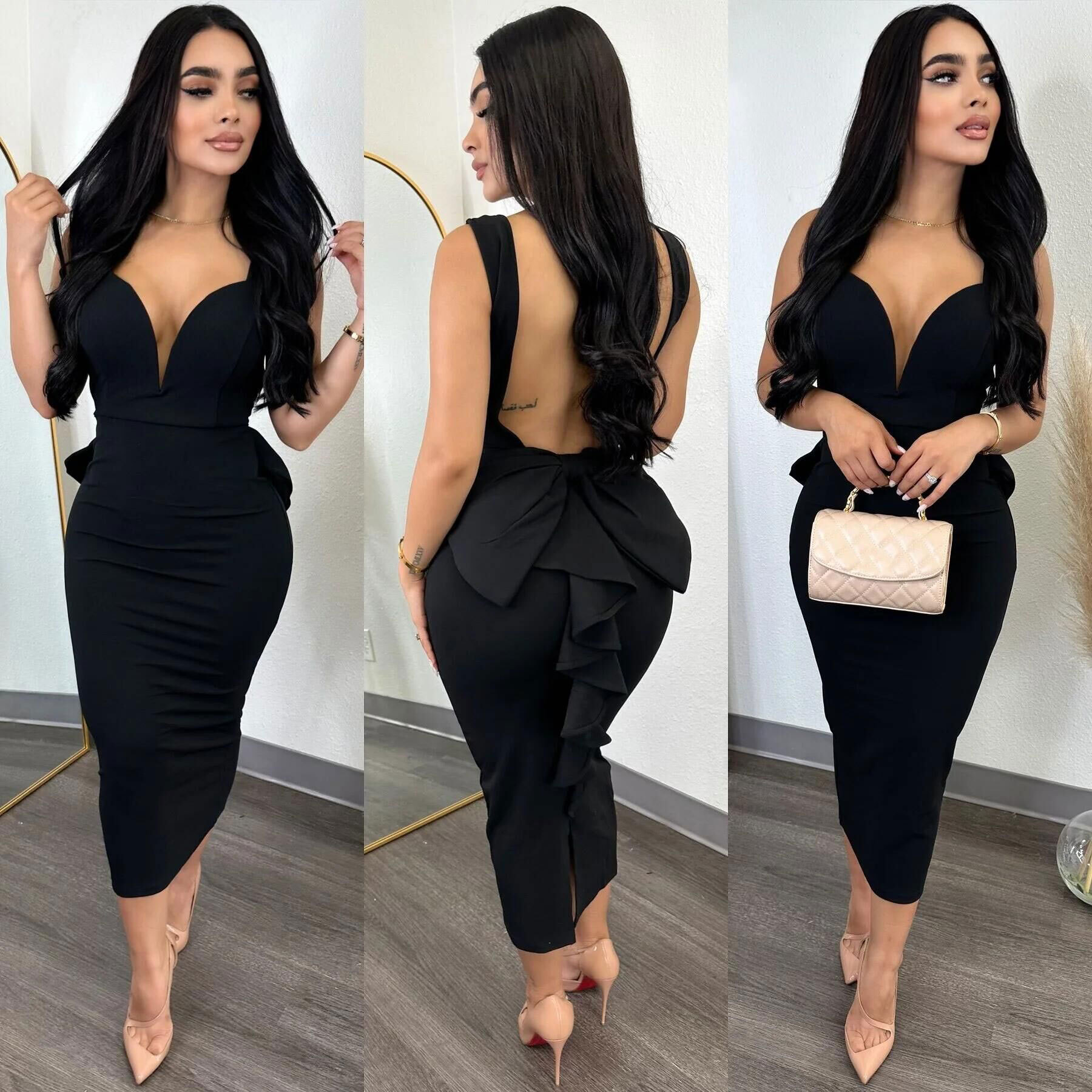Women's Clothing K2868 solid color hip covering, backless, deep V bow elastic slit dress_voghion.com