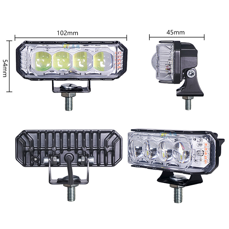 Fuerte iluminación cuatro lámparas LED externa luz roja y azul destello destello de luz de motocicleta eléctrica lámpara lejos y cerca luz todoterreno