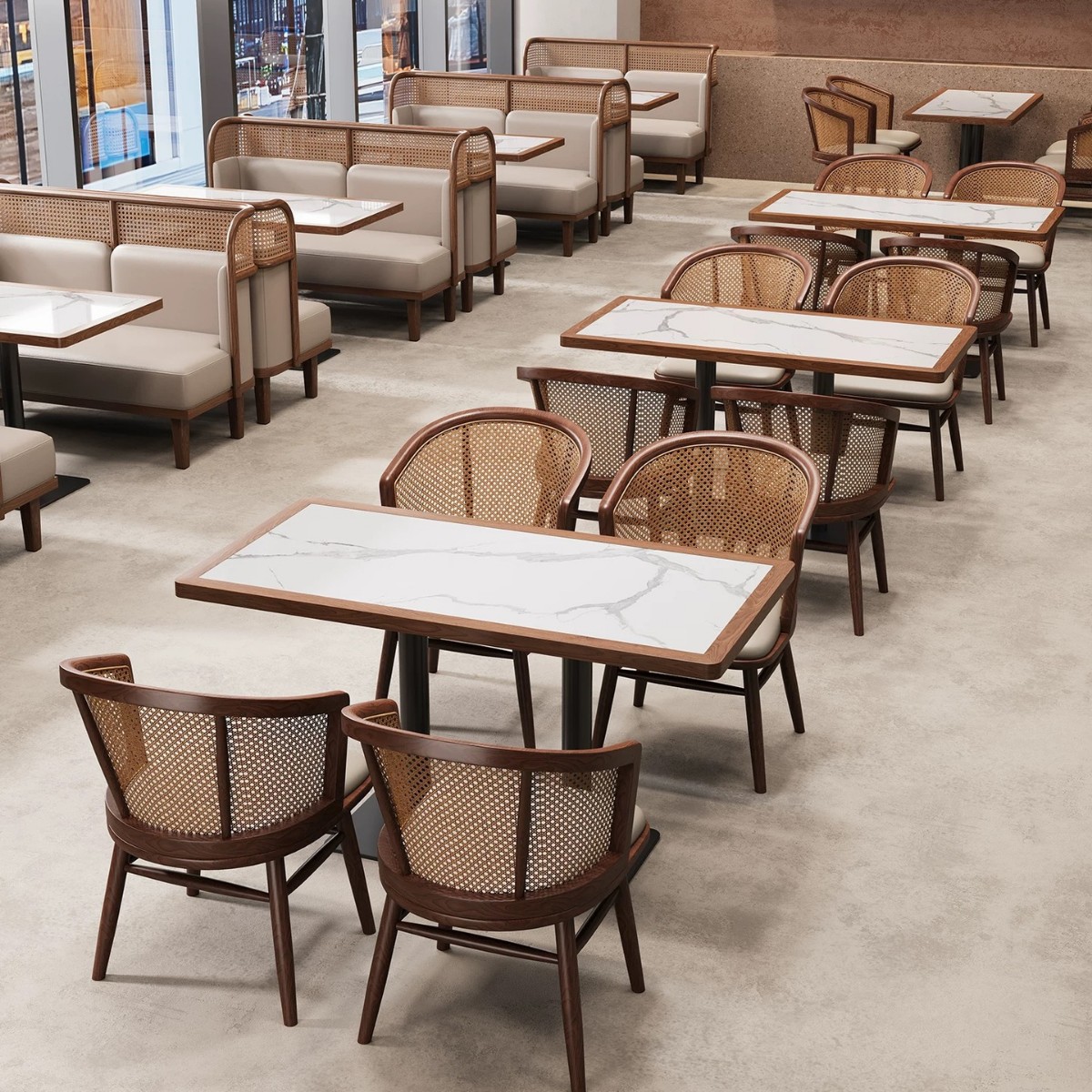 Commercial Southeast Asian Themed Restaurant Booth Sofas, Tea House Japanese-Style Rattan Sofas, Hotel Solid Wood Tables and Chairs Wholesale