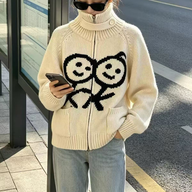 26 autumn and winter new style stick figure personality trendy high-neck pocket zipper knitted sweater cardigan for women
