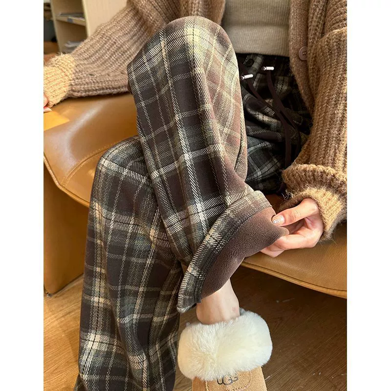 Беременные брюки в клетку женские весенние и осенние носить на улице 2024 новые ретро повседневные шерстяные широкие брюки осень-зима прямые брюки