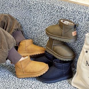 Children's Cotton Boots, Snow Boots, Winter Baby Genuine Leather Cotton Shoes, Boys' Fleece-Lined Thickened Waterproof Short Boots, Girls' Warm Shoes