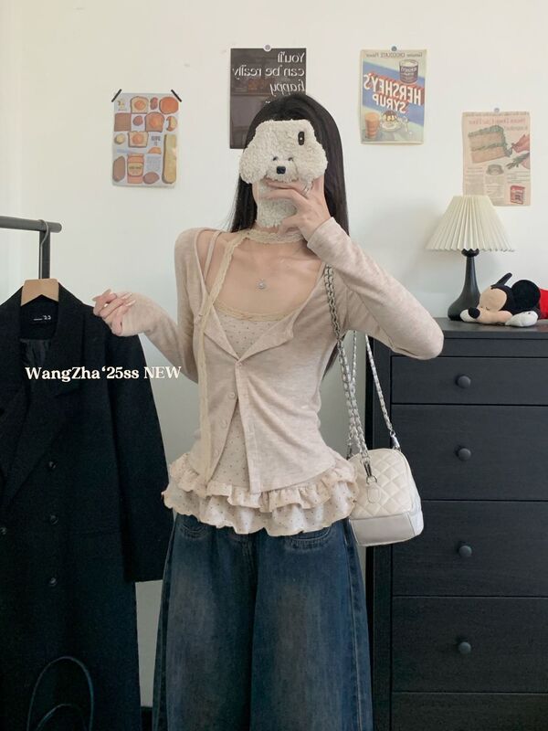 韩系穿搭套装燕麦色长袖针织开衫女装秋季蕾丝波点吊带背心两件套|undefined