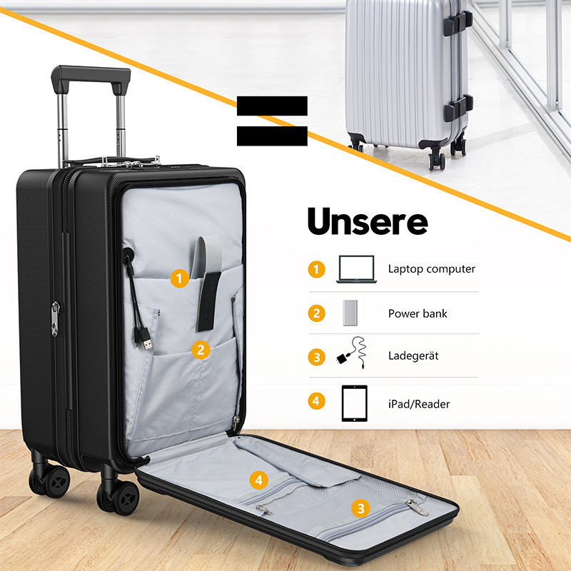 Vali nhựa PC 20 inch mở nắp trước, bánh xe êm, đa năng cho doanh nhân — Cửa trước 20 inch có cổng sạc và lớp mở rộng màu đen