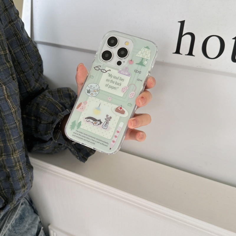 Pequeña lámpara de mesa linda verde fresca para gatos Apple 16ProMax funda para teléfono 15Pro/14Pro Mujer 13P