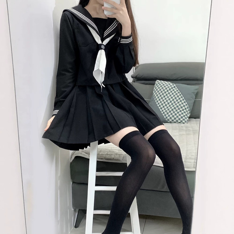 High-end quality black sailor uniform set for women, featuring a Japanese-style, anime-inspired design with a navy collar, long sleeves, and a pleated skirt High-end quality black sailor uniform set for women, featuring a Japanese-style, anime-inspired design with a navy collar, long sleeves, and a pleated skirt