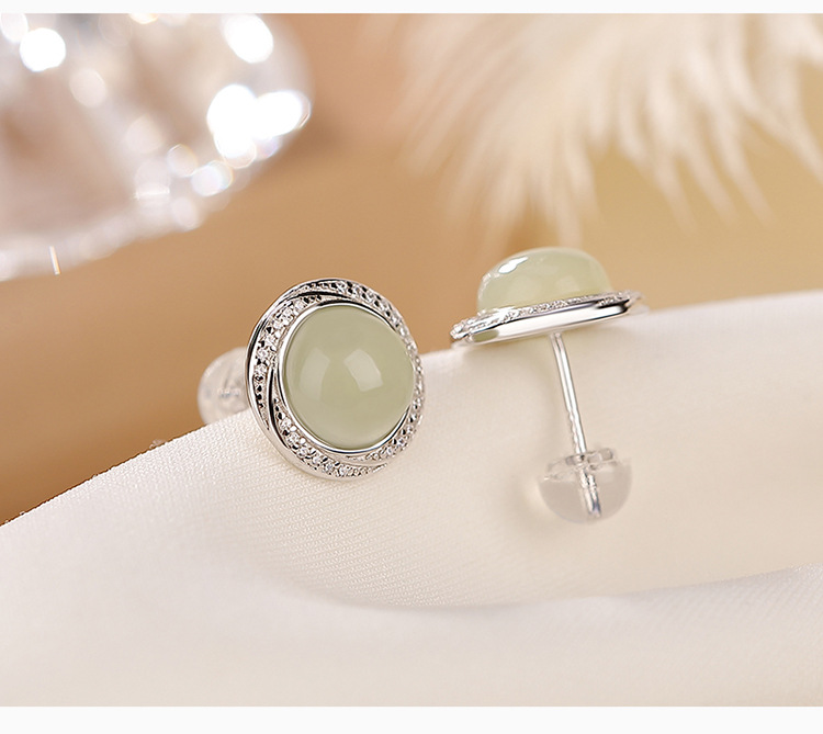Bông tai hạt tròn ngọc bích mạ bạch kim bạc S925 thanh lịch — Kiểu mạ bạch kim chi tiết 5