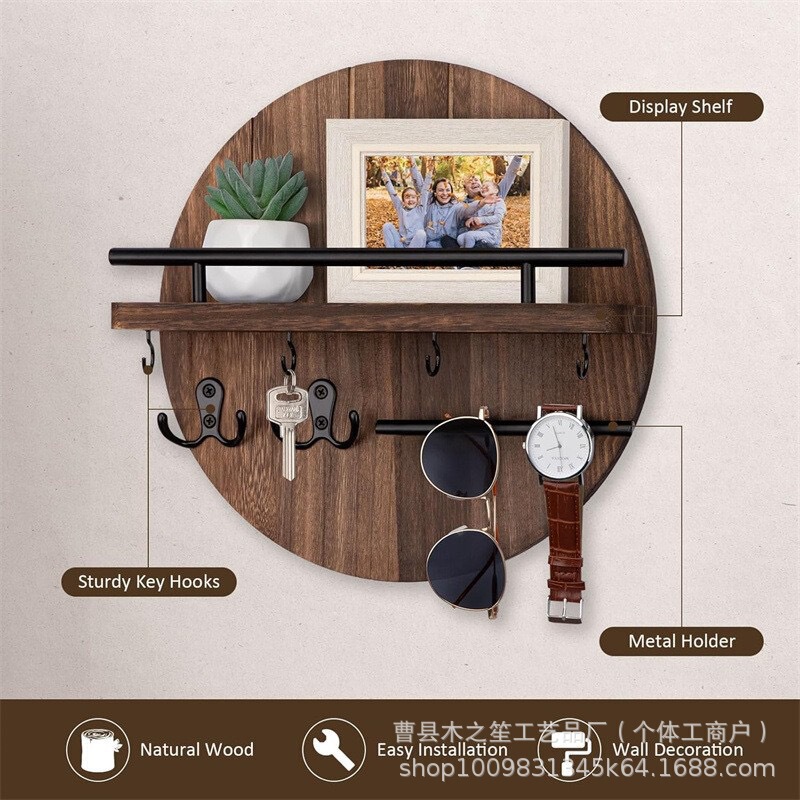 Round Wooden Key Rack Entrance Corridor Wall Hanging Bracket Office Door Envelope Mail Organizer