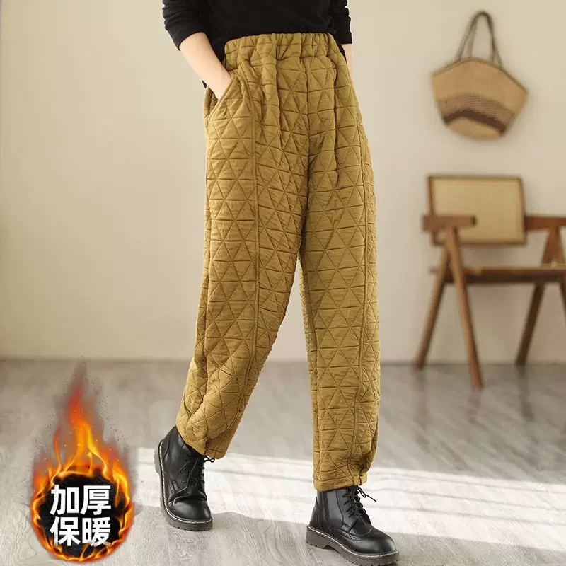 Japanese retro quilted warm trousers with diamond pattern, oversize
