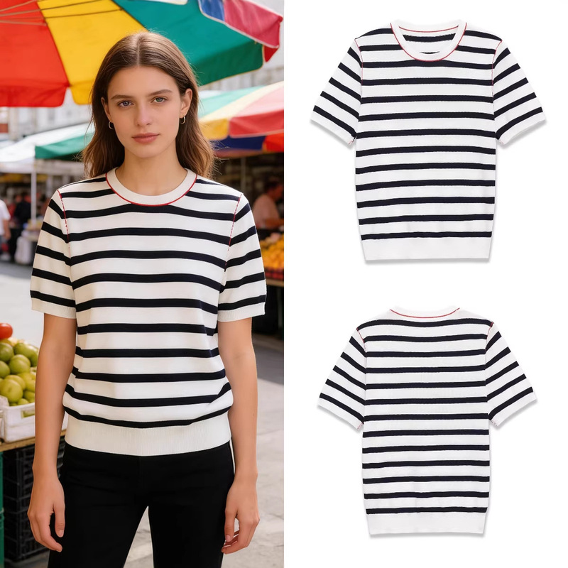 Za Foreign Trade Cross-Border Wholesale European and American Style Women's Summer Color-Block Striped Round-Neck Decorative Short-Sleeve Knit Top Za Foreign Trade Cross-Border Wholesale European and American Style Women's Summer Color-Block Striped Round-Neck Decorative Short-Sleeve Knit Top