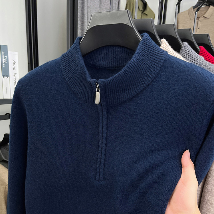 Nuevo delgado otoño y invierno semia cremallera suéter de manga larga casual overhead casual de color sólido overhead de lana camiseta de punto de hombre