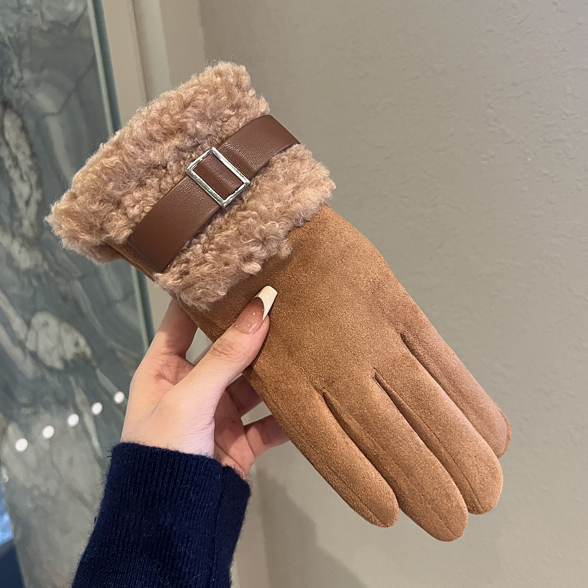 Fleece Thickened Thermal Gloves For Women's Outdoor Cycling In Winter, Windproof And Cold-proof, Touch Screen Lamb Plush Five Fingers_voghion.com