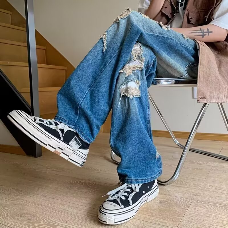 Men's Distressed Jeans Black to Gray Washed Straight-Leg Denim Pants High Street Grunge Style_mkmklike.com