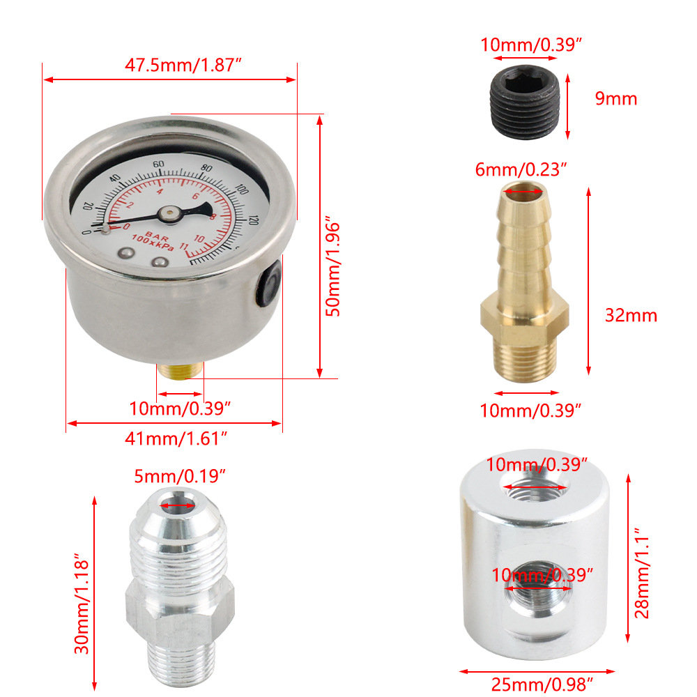 High-Precision Universal 1/ 8inch Npt Fuel Pressure Gauge 0-160Kpa Air Pressure + Three-Way Adapter