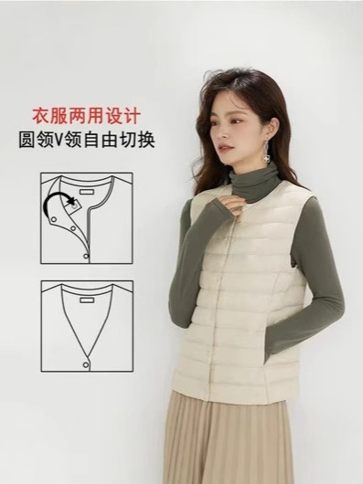 Otoño y invierno nuevo chaqueta ligera de plumón, chaleco de cuello corto de cuello redondo sin cuello ligero chaleco de color sólido