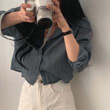 跨境外贸韩国工厂chic减龄翻领褶皱感长袖衬衣宽松短款防晒衬衫女