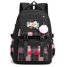 02印花日漫卡通青少年中小学生书包格子毛球女休闲轻便双肩背包