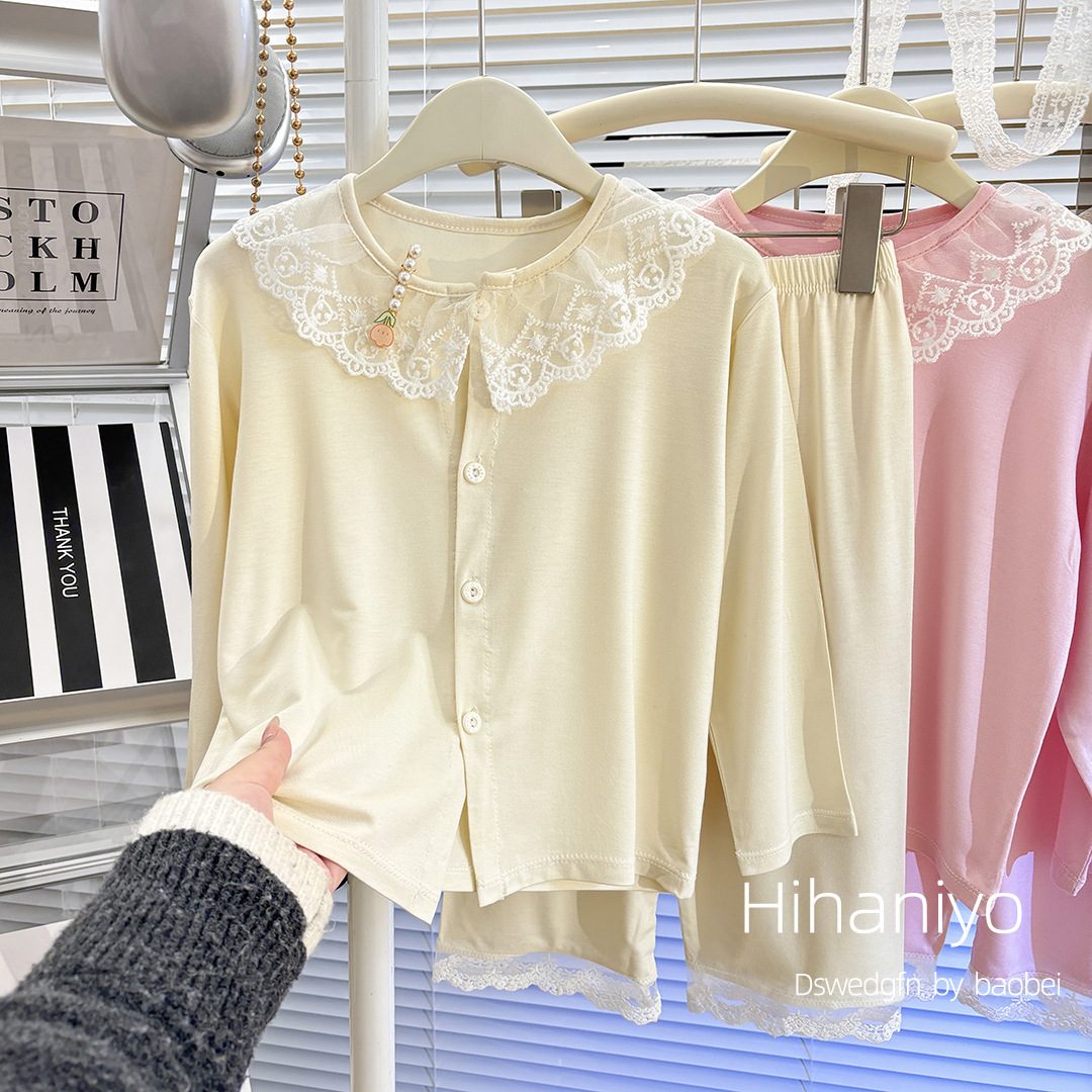 Traje modal para niños, chaqueta de punto delgada de verano para niñas, ropa de aire acondicionado de manga larga, pijamas de servicio a domicilio para padres e hijos para niños grandes