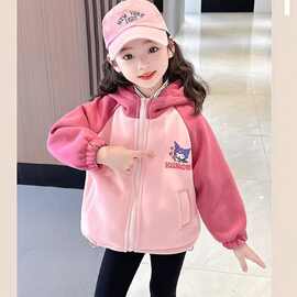 女童外套薄绒2026春秋新款儿童加绒上衣双层加厚卡通变图女孩卫衣