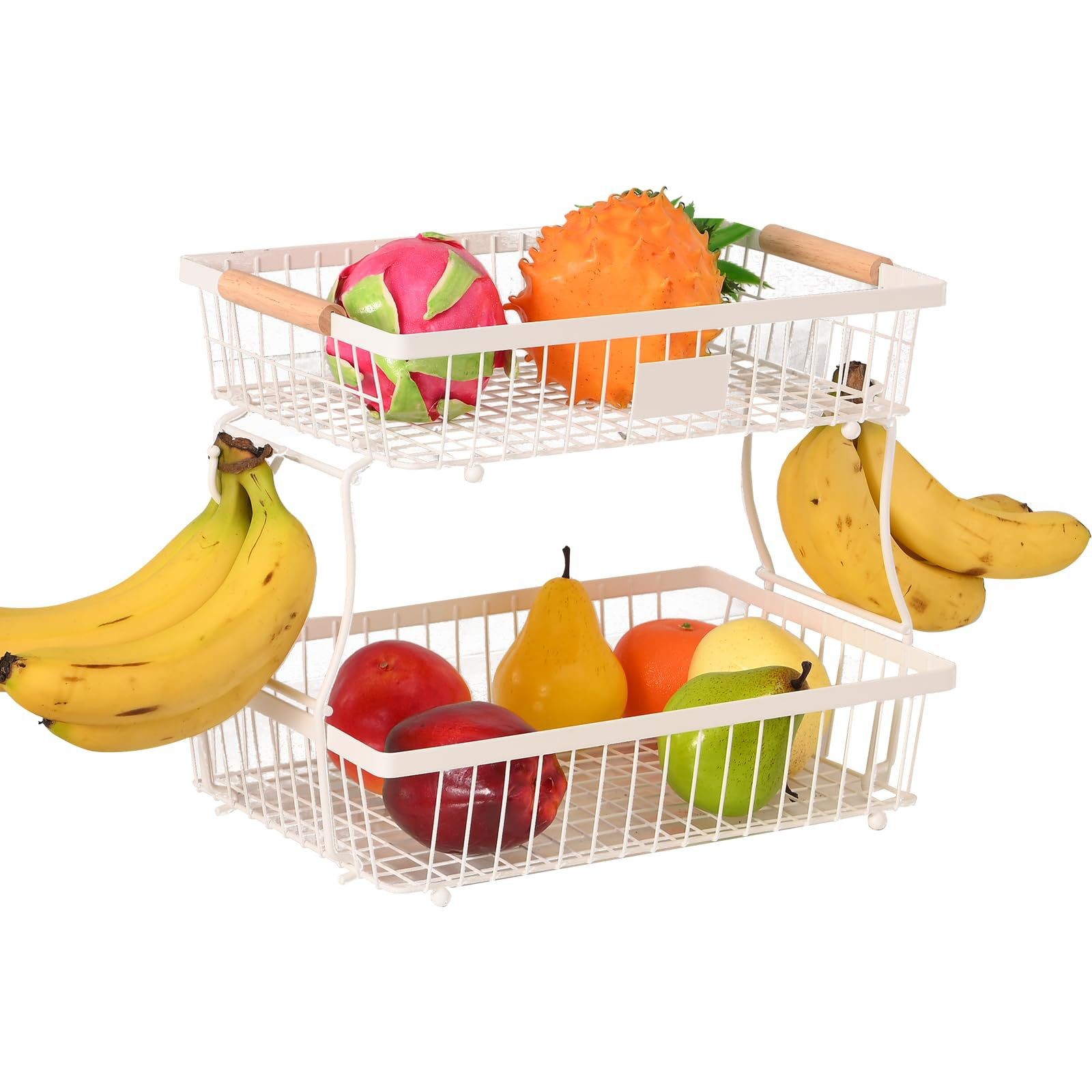 Cross-Border Kitchen Fruit Storage Rack, Living Room Double-Layer Detachable Storage Rack, Tray with Wooden Handle, Portable Vegetable and Fruit Basket