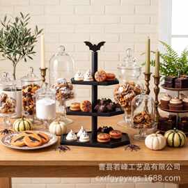 万圣节木质棺材形状多层置物架蝙蝠造型派对桌面蛋糕糖果展示架