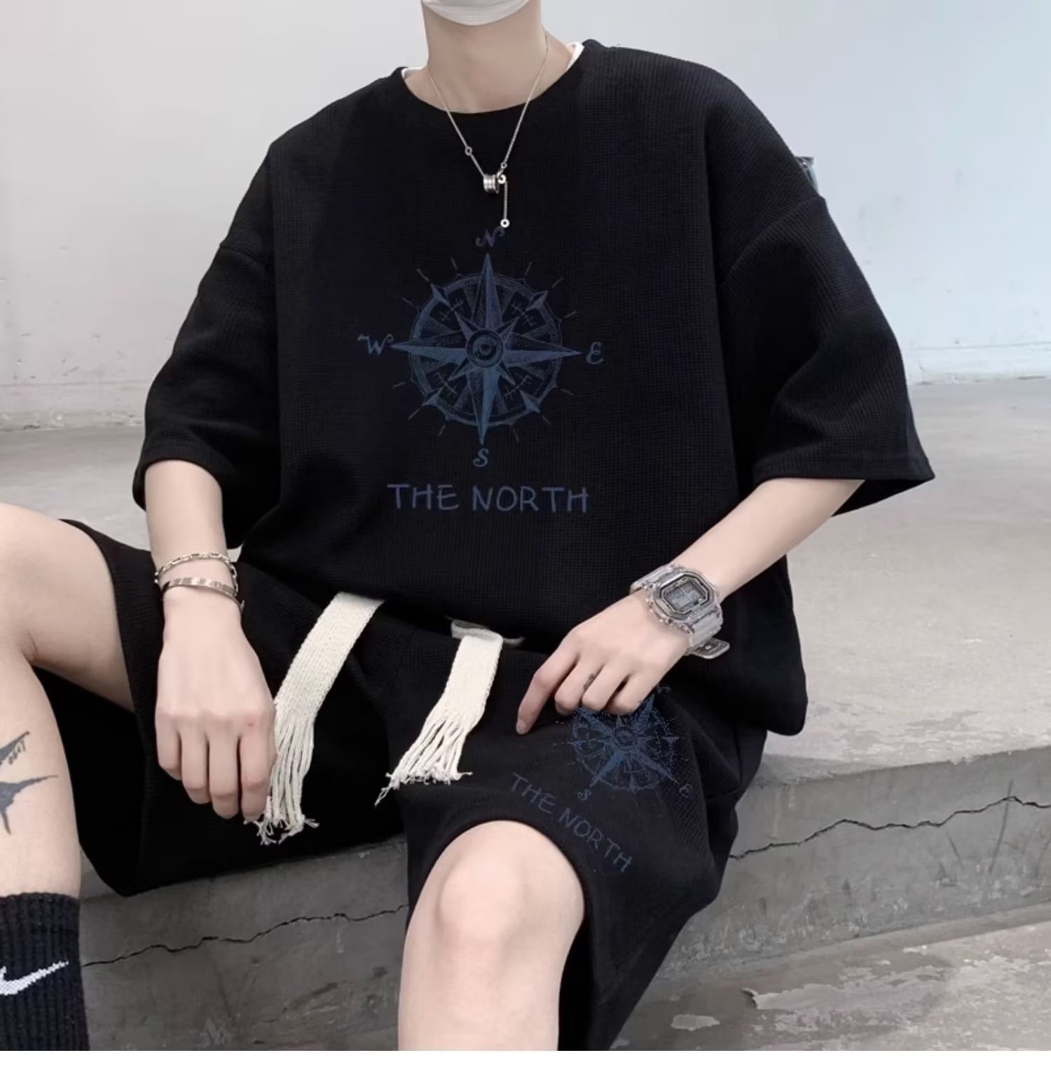 Verano waffle deportes traje casual hombres sueltos más tamaño de manga corta Camiseta pantalones cortos conjunto guapo moda a juego