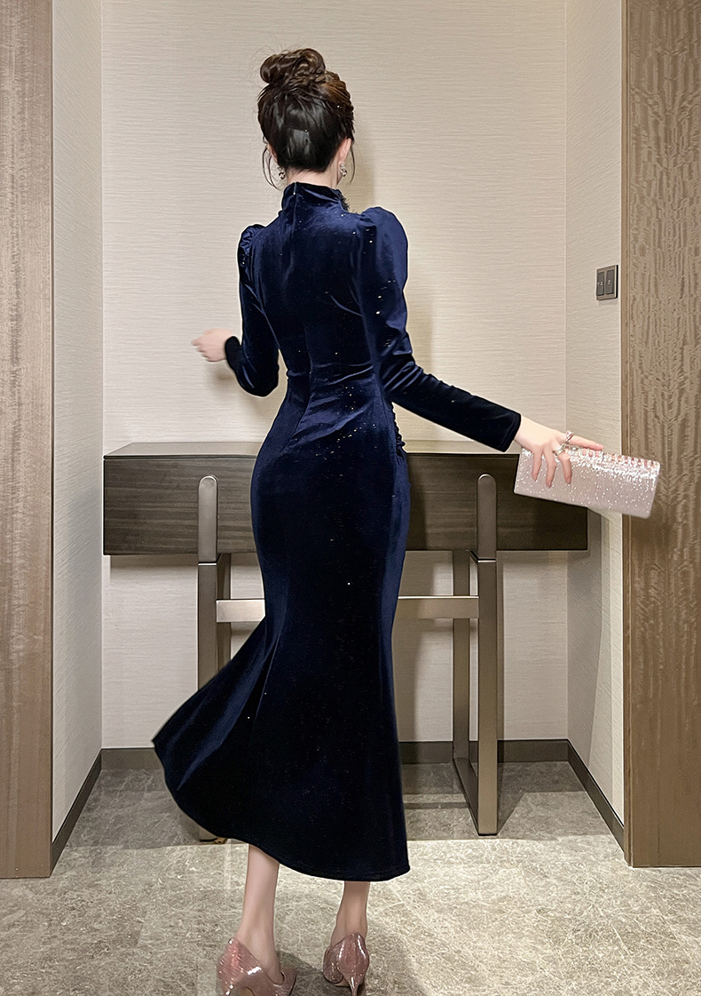 Đầm dạ hội nữ kiểu Pháp cổ tròn ôm sát hông chất nhung lấp lánh — Màu xanh lam chi tiết 15