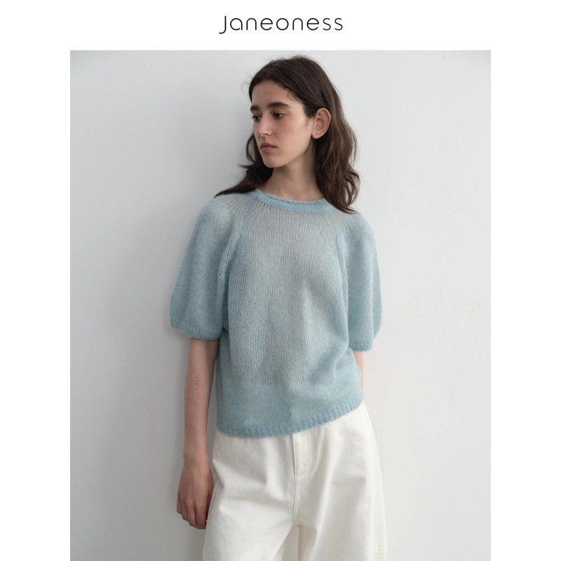 JANEONESS Alpaca Wool Soft and Comfortable Round Neck Ruffled Bubble Sleeve Knitted Sheer Short Sleeve Sweater for Women, Autumn Collection JANEONESS Alpaca Wool Soft and Comfortable Round Neck Ruffled Bubble Sleeve Knitted Sheer Short Sleeve Sweater for Women, Autumn Collection