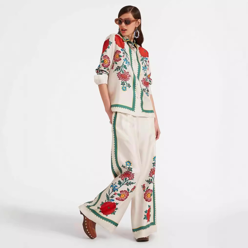 Flower Pattern Spring, Autumn Season Holiday Daily Selfie Women's Casual Elegant Streetwear Flower Polyester Pant Co-ord Set Pants Sets