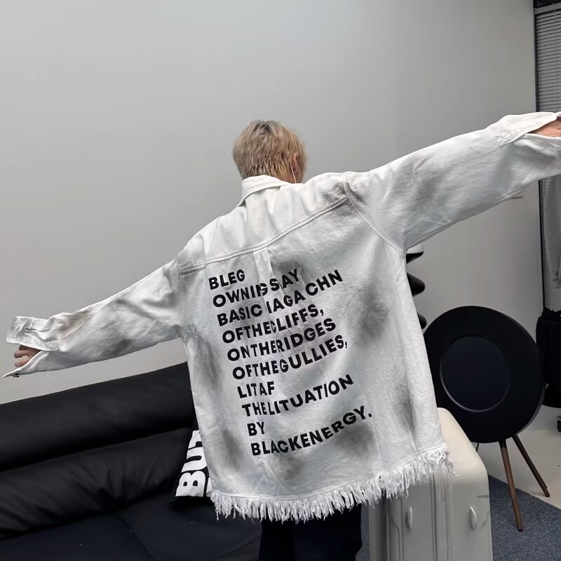American Tassel Tie-Dye Denim Jacket Men's Spring and Autum Hiphop Trendy Brand High Street Niche High-End Loose Jacket