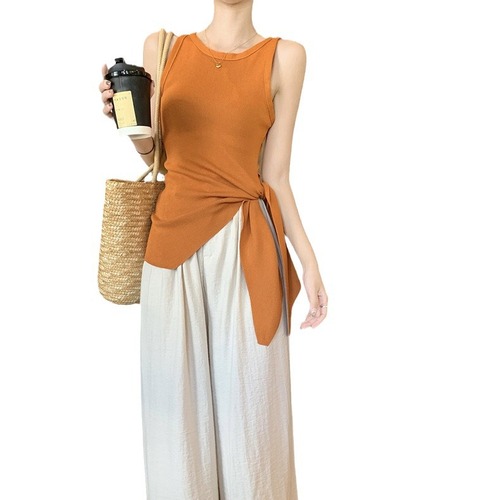 Korean-style design niche side-tie sleeveless knit top summer thin slimming versatile women's clothing