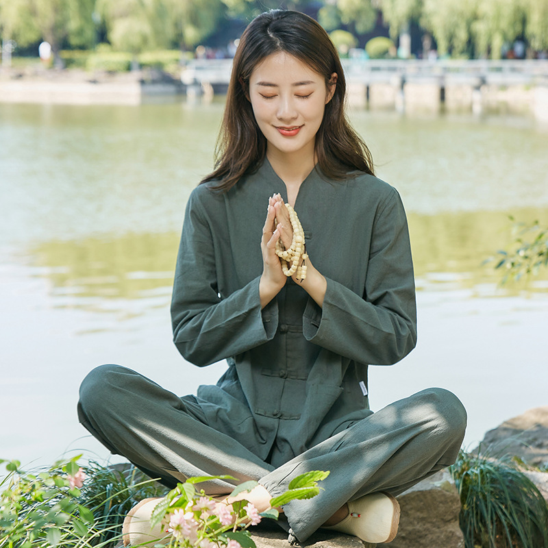 Zen meditation new set cotton linen suit, zazen tea clothes loose practice yoga Tai Chi traditional Chinese medicine for women monks