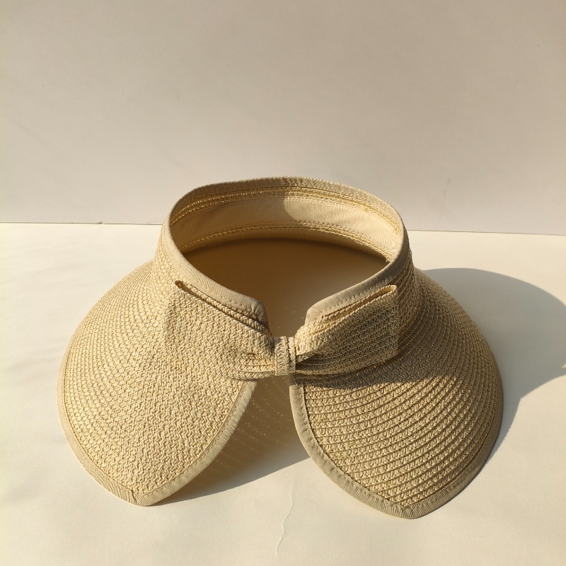 Sommerlicher Strohhut mit breiter Krempe für Damen, rollbar, offen, Sonnenschutz, Leinen-Polyester, schlicht, lässig, Outdoor-Hut_voghion.com
