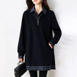 休闲翻领假两件卫衣女2026年秋季新款中长款上衣欧货大码女装