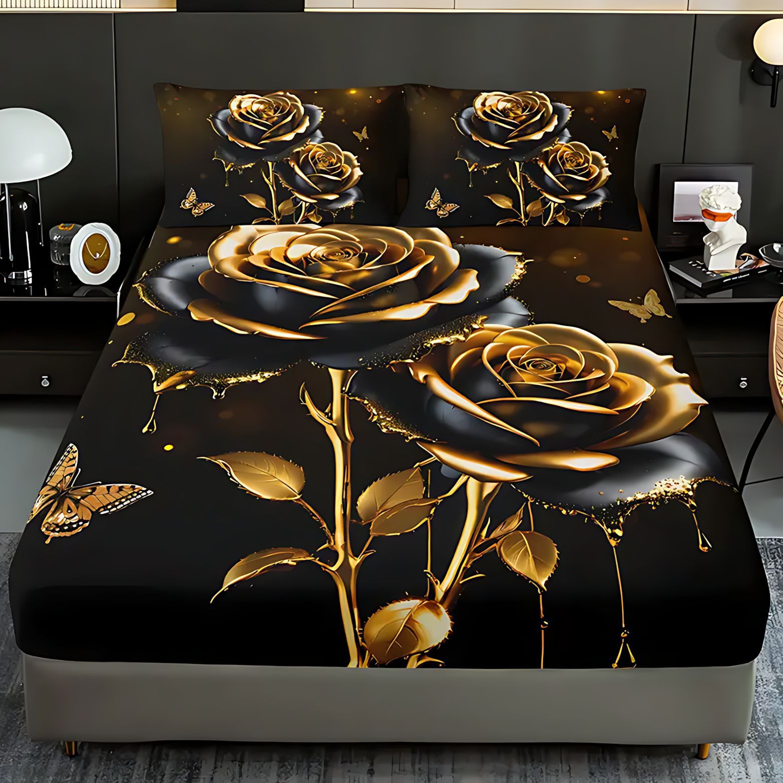 TEMU / JIT serie de rosa dorada negra impresión digital HD cama camisa colchón conjunto de dibujo se puede ajustar