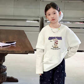 女童韩版假两件长袖2025春秋儿童装6-12洋气女孩宽松圆领T恤上衣