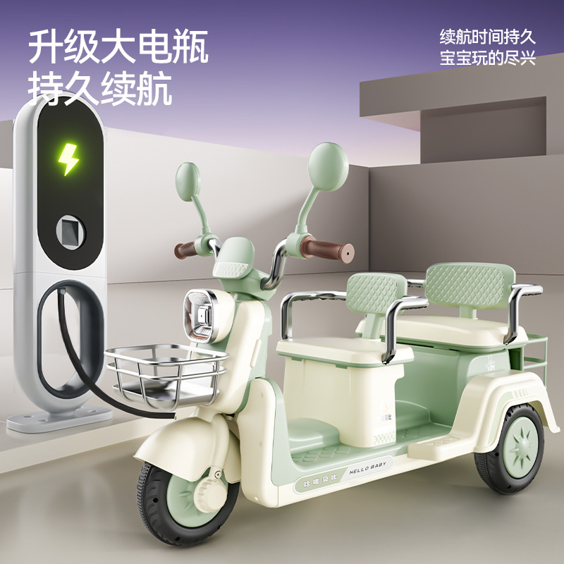 Children's electric motorcycle, parent-child double seat, remote control toy car, with rear seat guardrail, anti-tipping, three-wheeled charging.