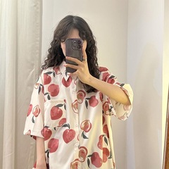 オーバーサイズ日本ハワイピーチフルプリント半袖シャツメンズ夏香港スタイルカップル半袖花柄シャツ
